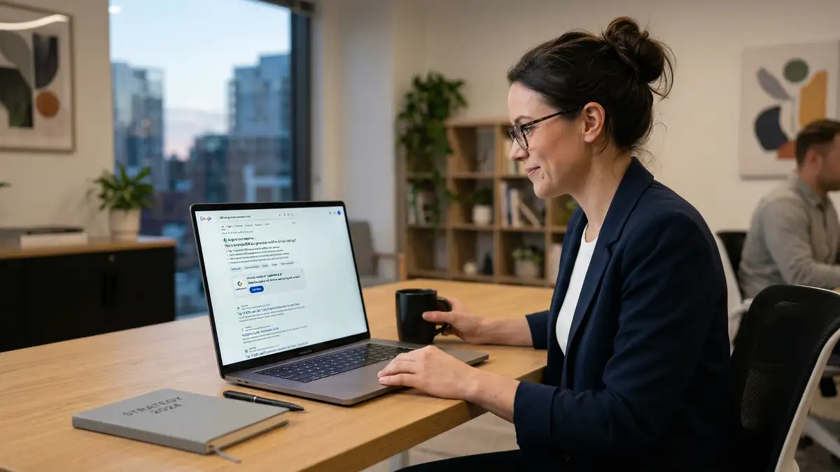 B2B founder reviewing AI search results on laptop showing branded answer appearing in AI-generated response panel alongside organic listings