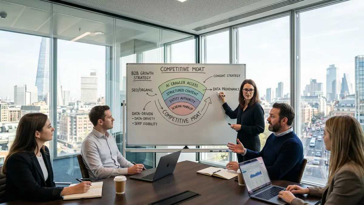 B2B marketing team planning generative engine optimization strategy with content architecture whiteboard and data visualizations