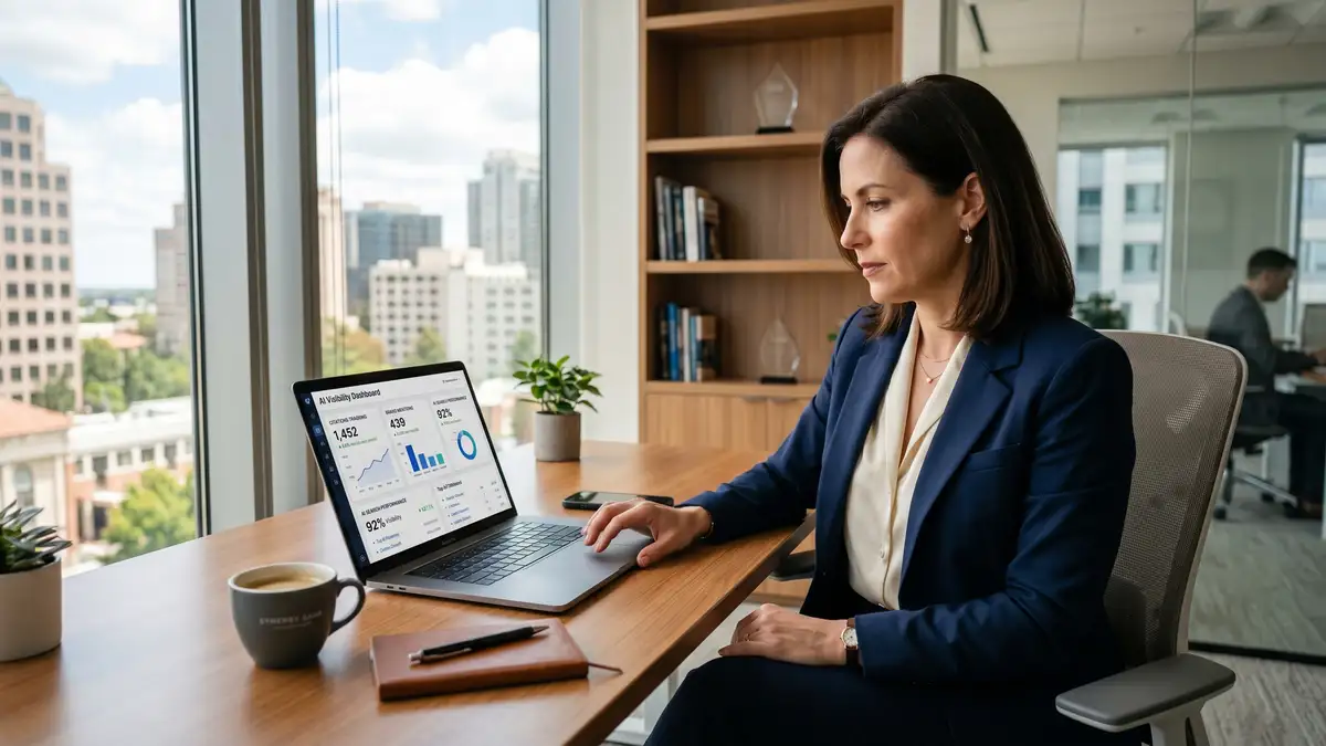 SaaS CEO reviewing AI visibility dashboard showing GEO citation tracking and brand mention analytics