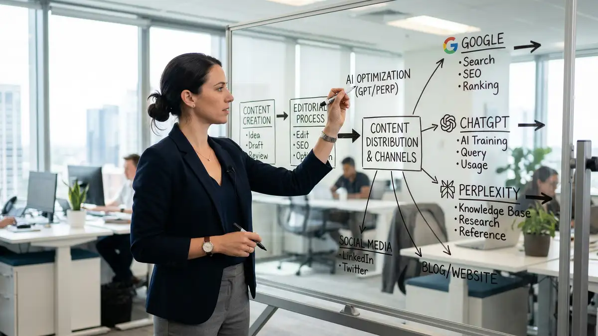 Business strategist mapping content optimization workflow on glass whiteboard showing pathways to Google ChatGPT and Perplexity