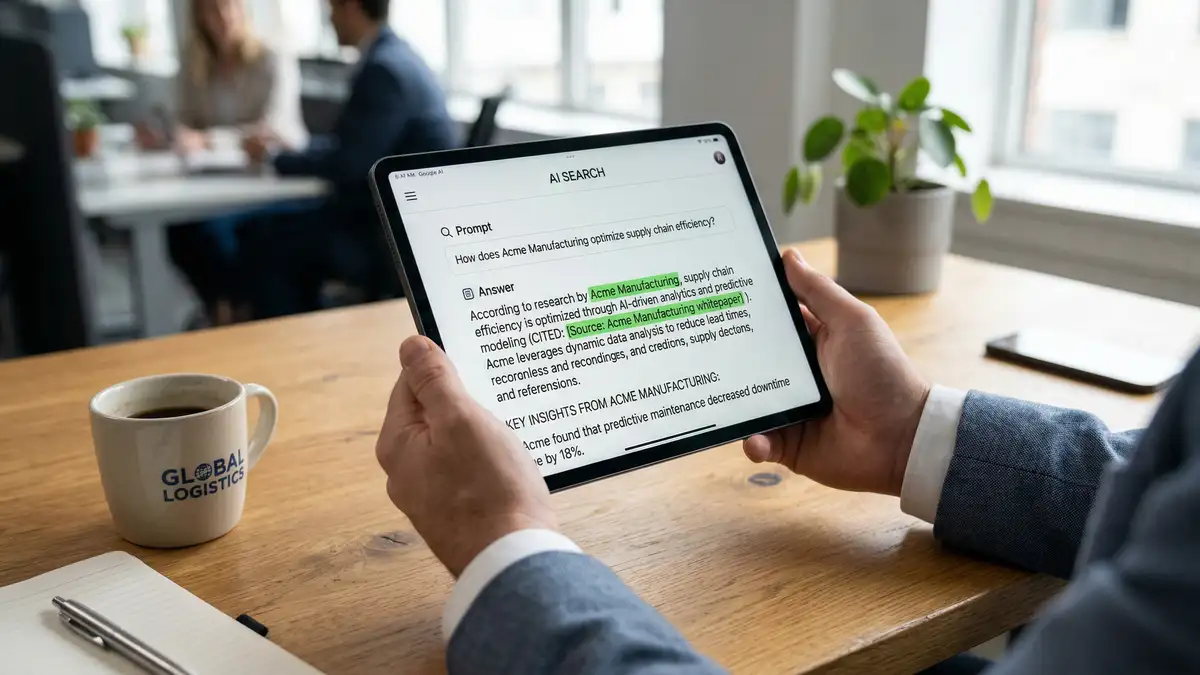 Executive viewing tablet screen showing AI-generated search answer with brand prominently cited as source with green highlighting