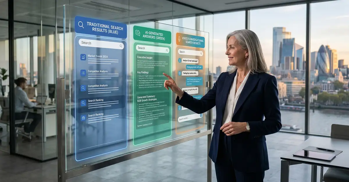 Split-screen visualization comparing traditional SEO search results with AI-generated answers from ChatGPT and Perplexity showing the evolving search visibility landscape for B2B companies