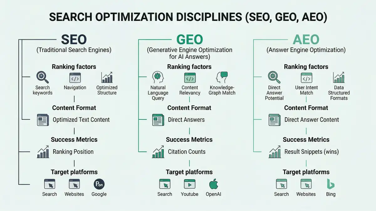 Infographic comparing three search optimization disciplines SEO GEO and AEO side by side showing ranking factors content format success metrics and target platforms