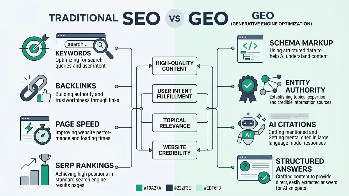 Infographic comparing GEO vs SEO metrics showing citation rates, AI referral conversion data, and competitive moat framework