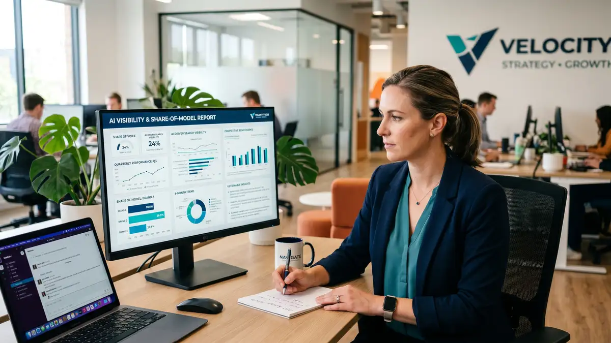 A B2B marketing leader reviewing an AI visibility and Share-of-Model report to decide whether to hire a GEO agency