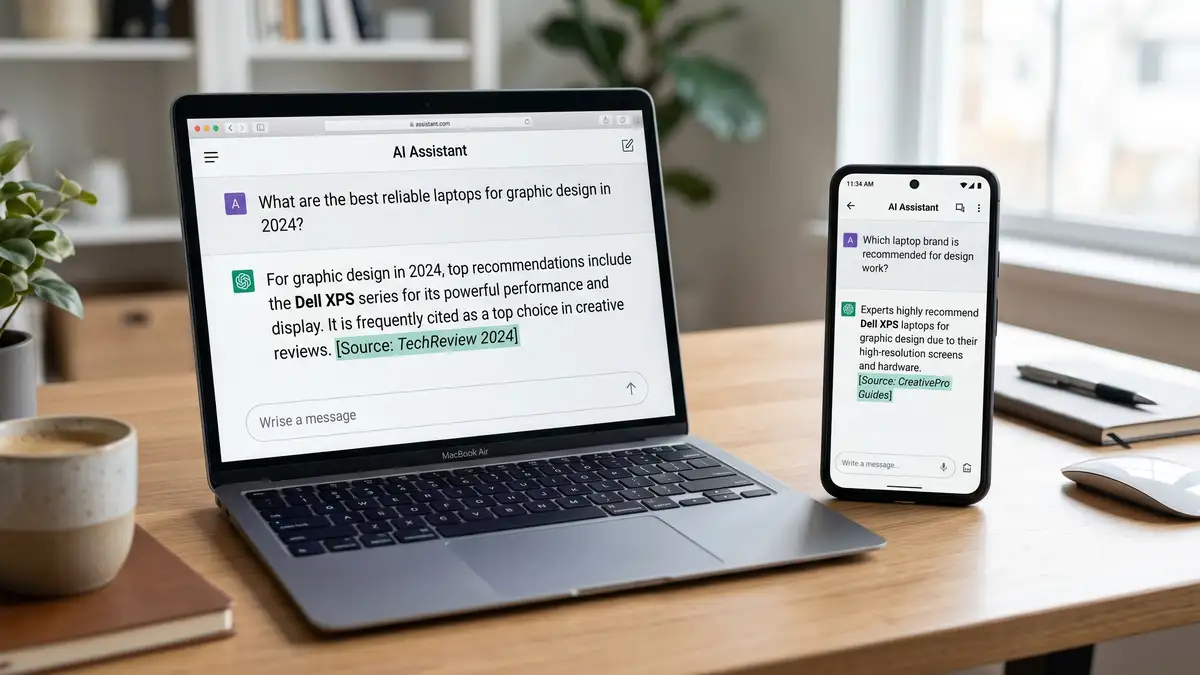 A smartphone and laptop showing an AI assistant answer that cites and recommends a brand by name