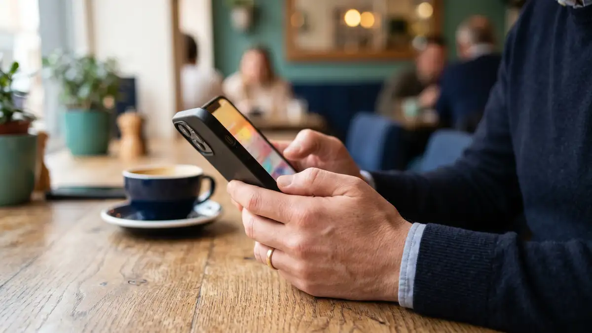 Close-up of hands holding a smartphone, representing a searcher getting an answer without clicking through