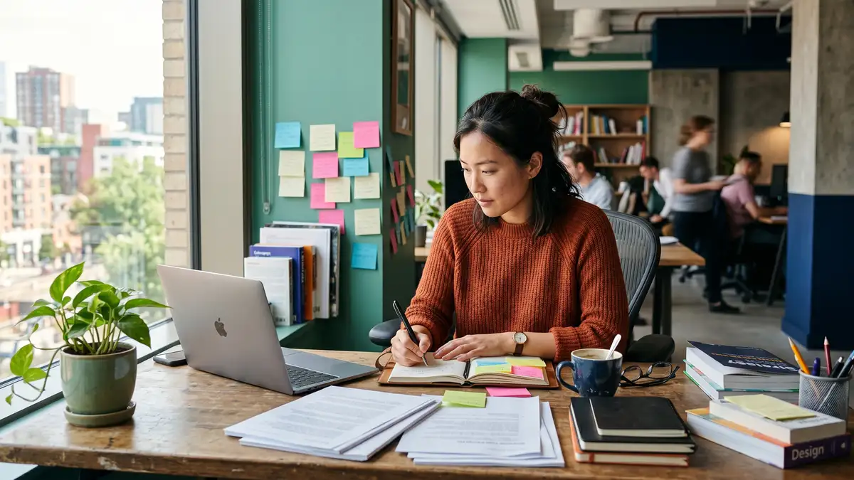 A content strategist planning answer-first content at a desk by a window