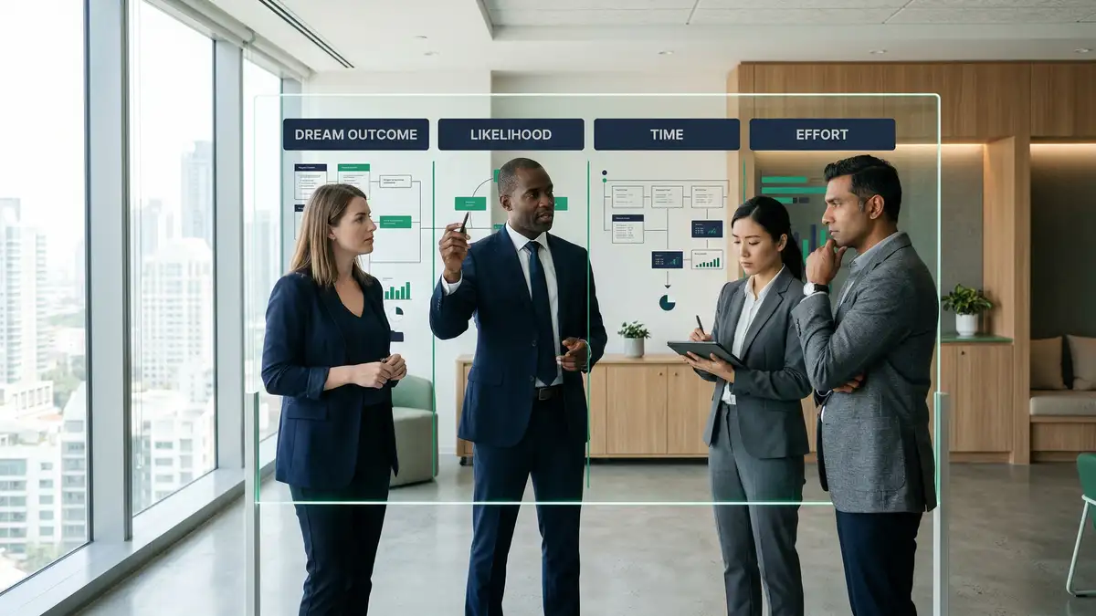 B2B executive team mapping a grand slam offer architecture across Dream Outcome, Likelihood, Time, and Effort columns in a modern sales war room