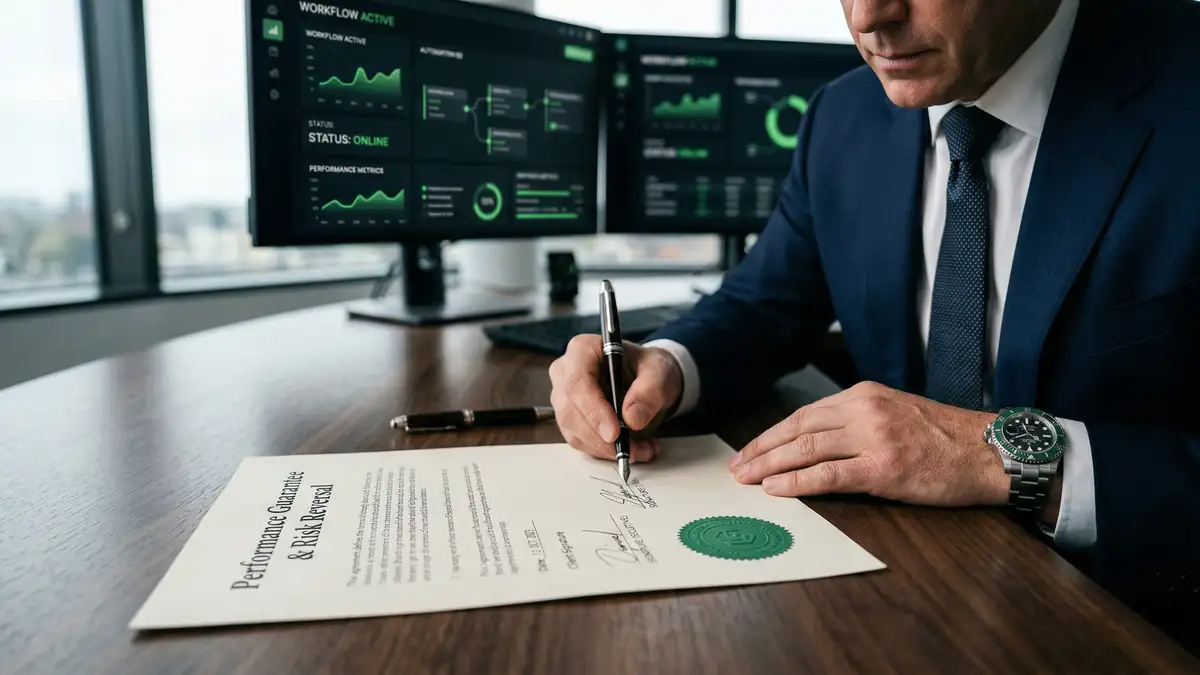 B2B executive signing a performance guarantee contract with AI automation workflow dashboards visible in the background
