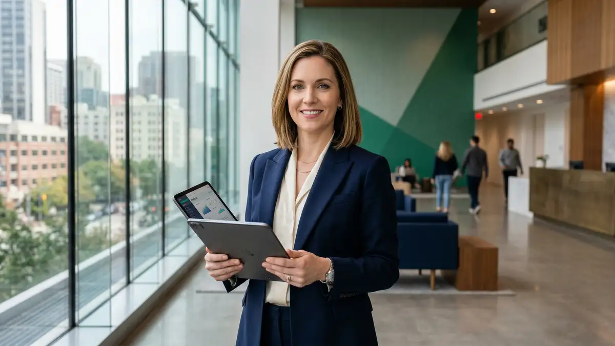 B2B SaaS CEO reviewing a grand slam offer pricing proposal on a tablet in a modern corporate headquarters