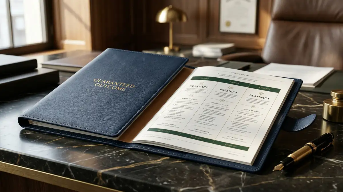 Premium leather-bound grand slam offer proposal with guaranteed outcome embossing and three-tier pricing page