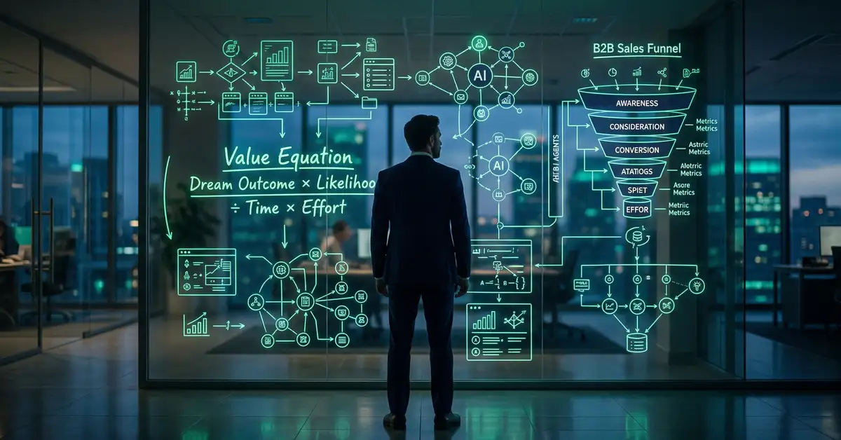 Master Growth Architect deploying Grand Slam Offer framework for B2B services with value equation diagrams and AI automation blueprints