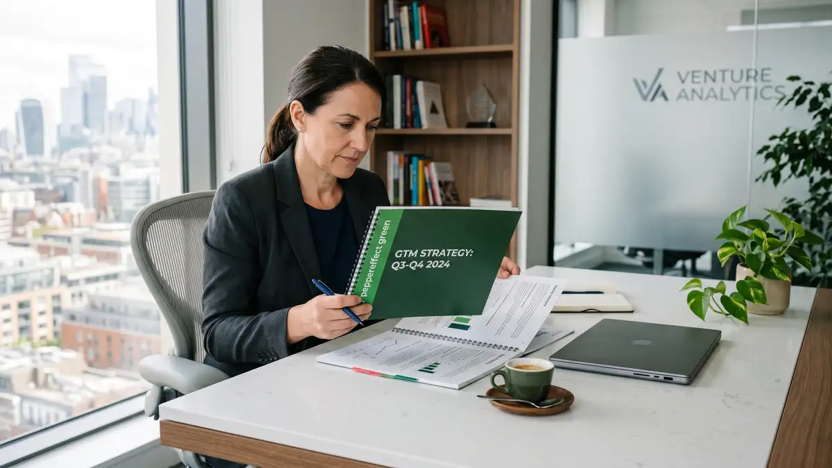 Founder reviewing detailed GTM strategy document at minimalist desk