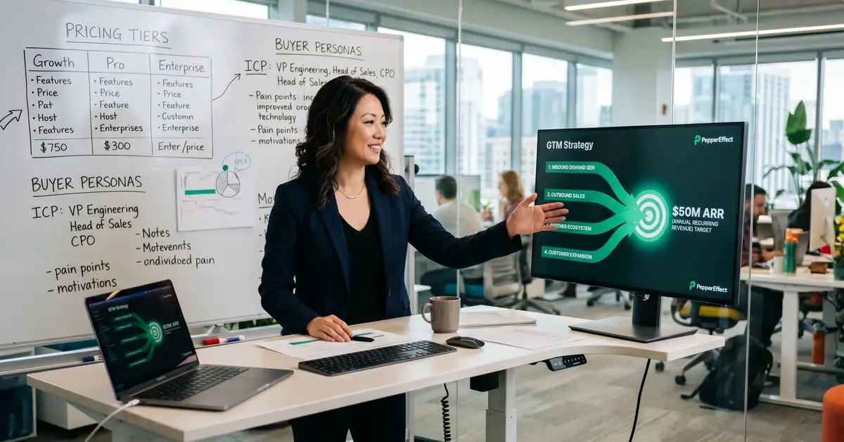 SaaS CEO reviewing go-to-market strategy diagram with four motion paths converging to $50M ARR target