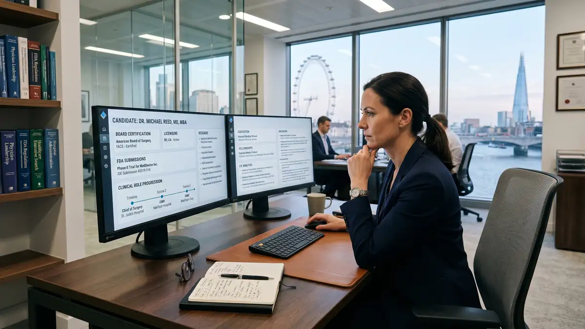 Boutique healthcare executive search consultant analysing physician executive candidate credentials including MD verification board certification status and FDA submission history