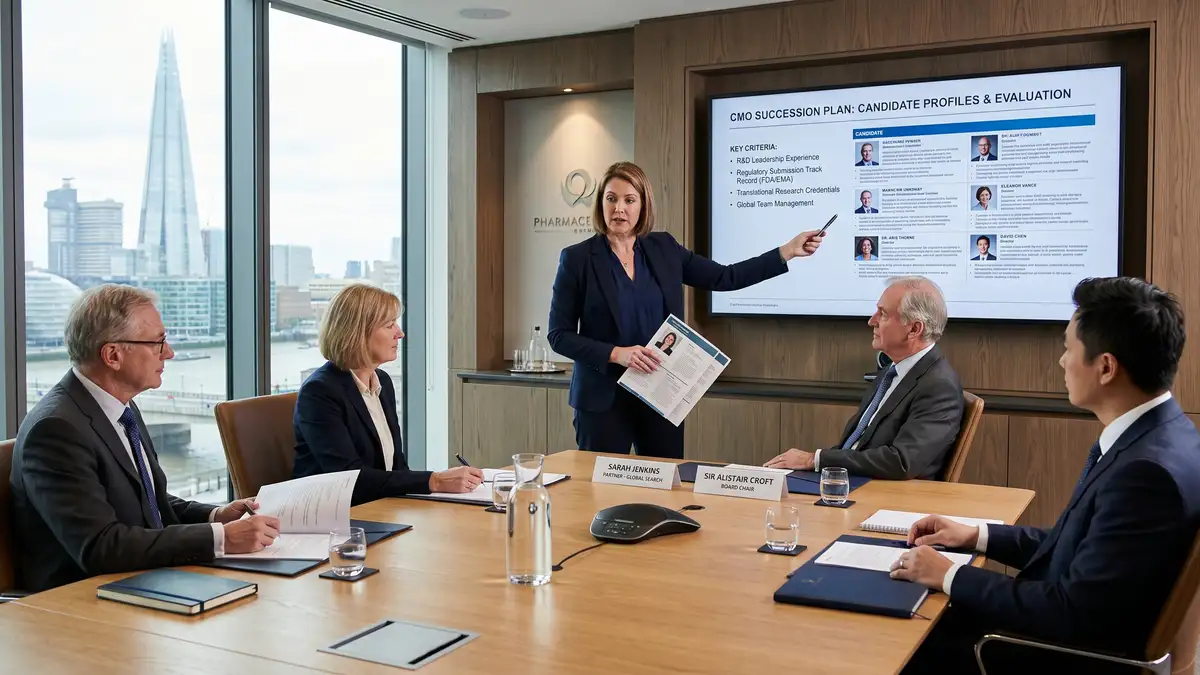 Pharma company board meeting where the executive search firm partner is presenting a Chief Medical Officer succession plan reviewing R&D leadership and regulatory submission track record