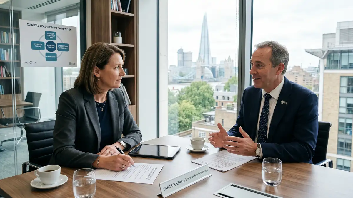 Healthcare executive search specialist conducting a structured behavioural interview with a Chief Medical Officer candidate taking detailed notes on clinical leadership style