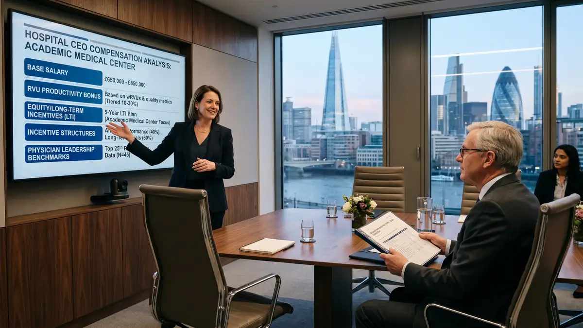 Boutique executive search Managing Director presenting hospital CEO compensation analysis to a health system board chair showing RVU productivity bonus and physician leadership benchmarks