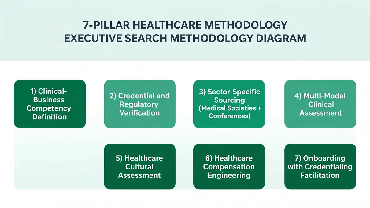 Infographic showing 7-pillar healthcare executive search methodology from clinical-business competency definition through to credentialing-facilitated onboarding
