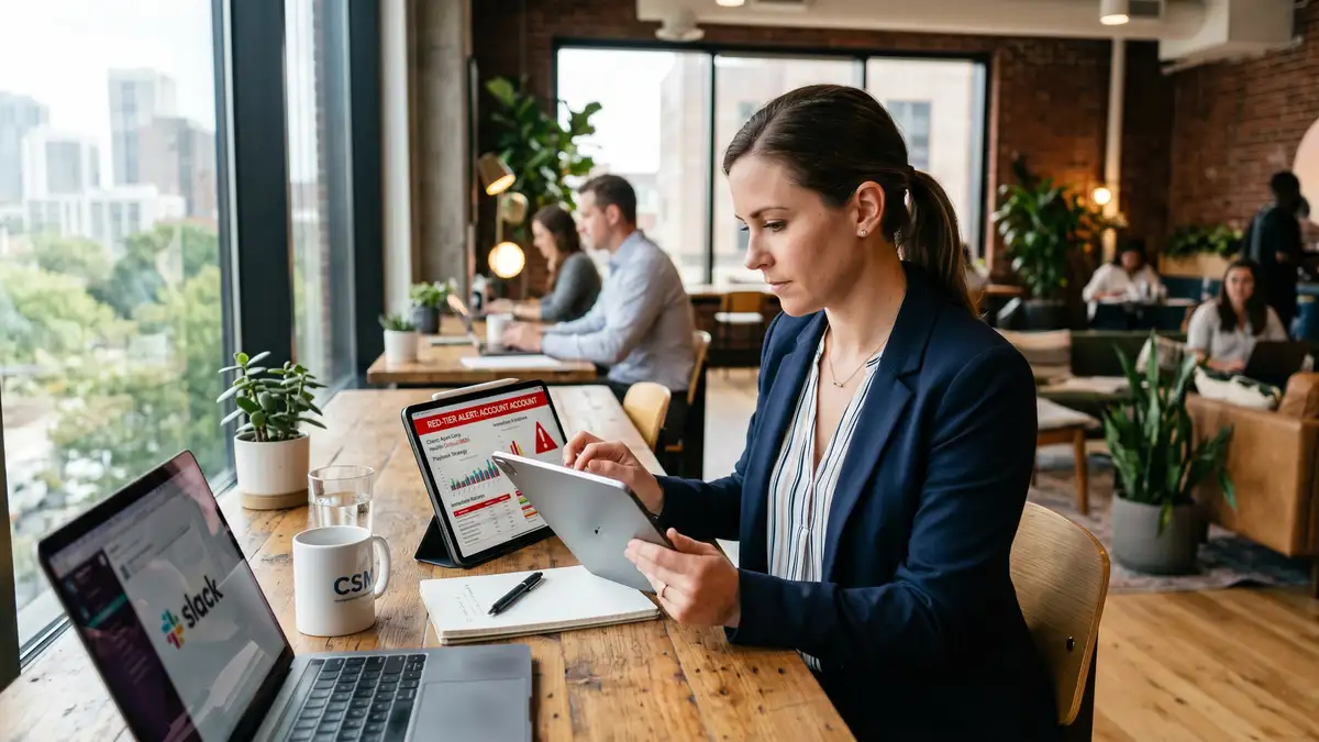 Customer success manager reviewing red-tier playbook on tablet