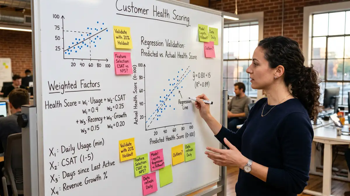 Data scientist sketching regression validation chart on whiteboard