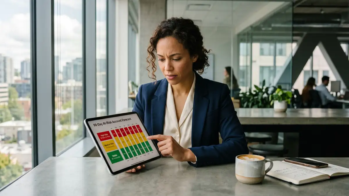 SaaS founder reviewing 90-day at-risk forecast on tablet