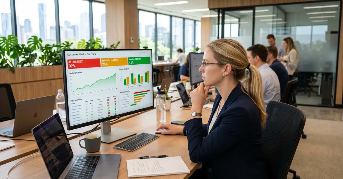 RevOps analyst studying customer health score dashboard with red amber green tier breakdown