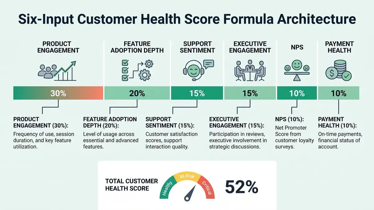 Six-input customer health score formula architecture infographic