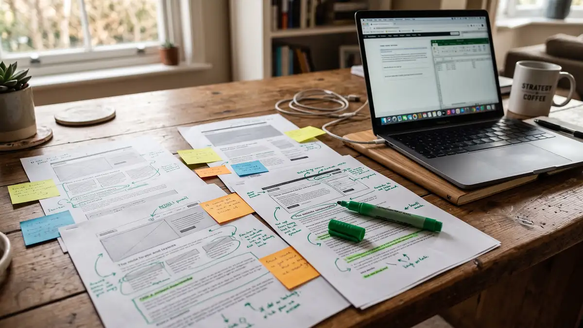 Printed web pages annotated by hand with a green marker on a strategist's desk during an AI visibility content rebuild