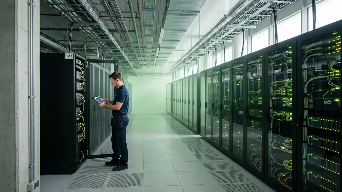 A server room corridor lit in soft green light representing the retrieval infrastructure behind AI answer engines