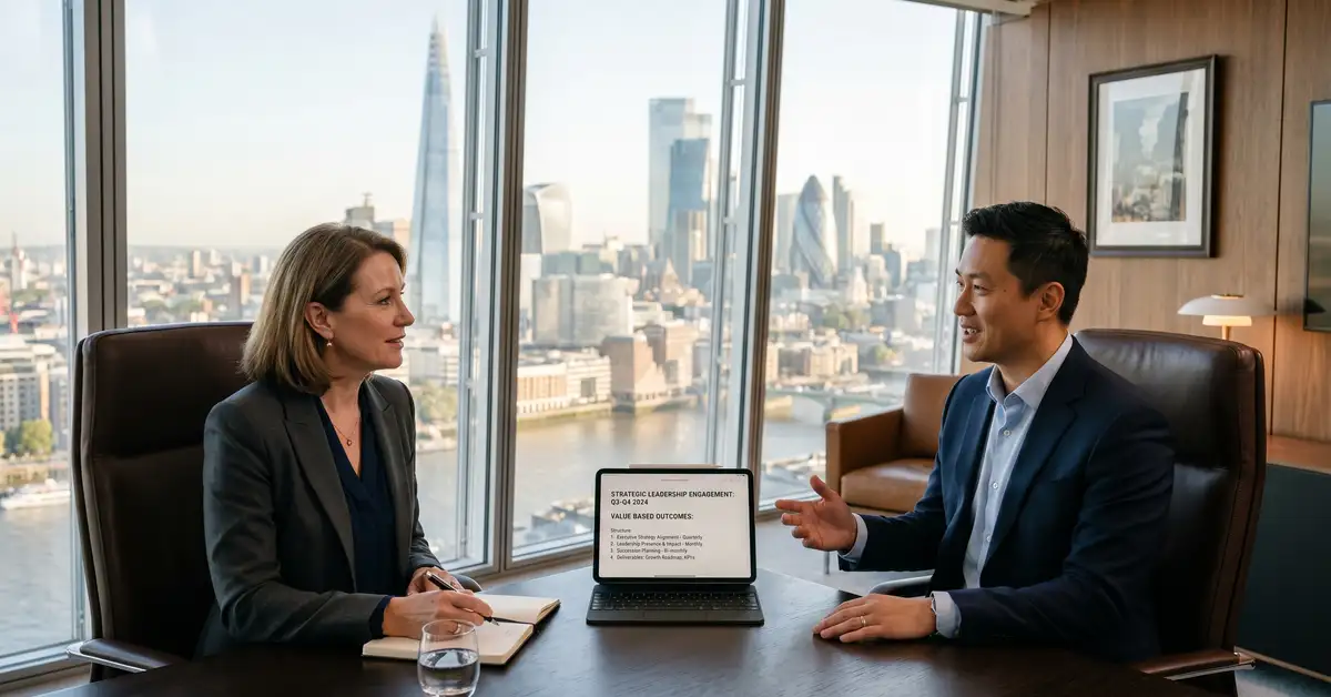 High-ticket coaching session in premium executive setting with value-based engagement structure