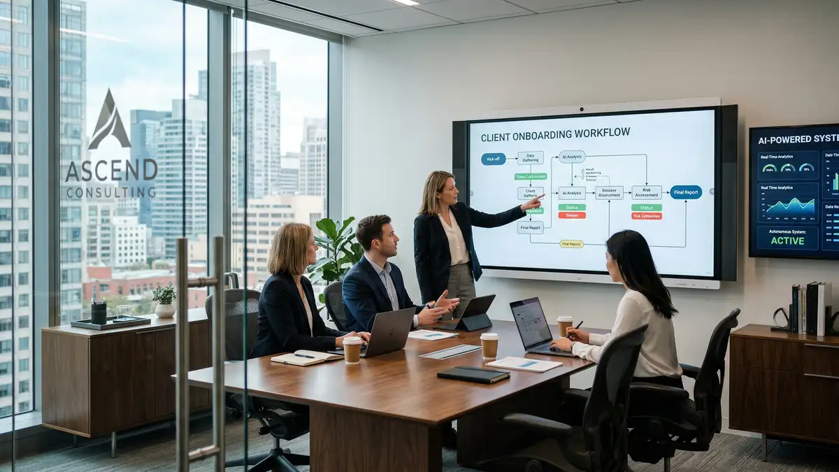 Consulting firm team collaborating in modern office with automated workflow systems displayed on digital whiteboard screens