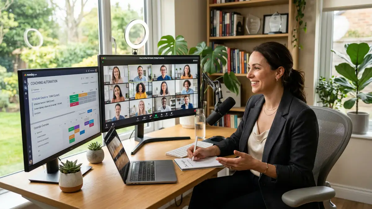 Successful consultant conducting virtual group coaching session from premium workspace with automated systems on secondary monitor