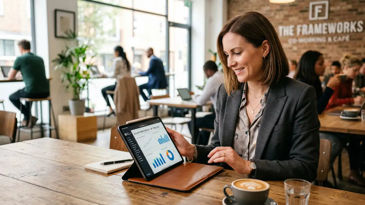 Confident business consultant reviewing client results on tablet device in premium co-working space with natural light