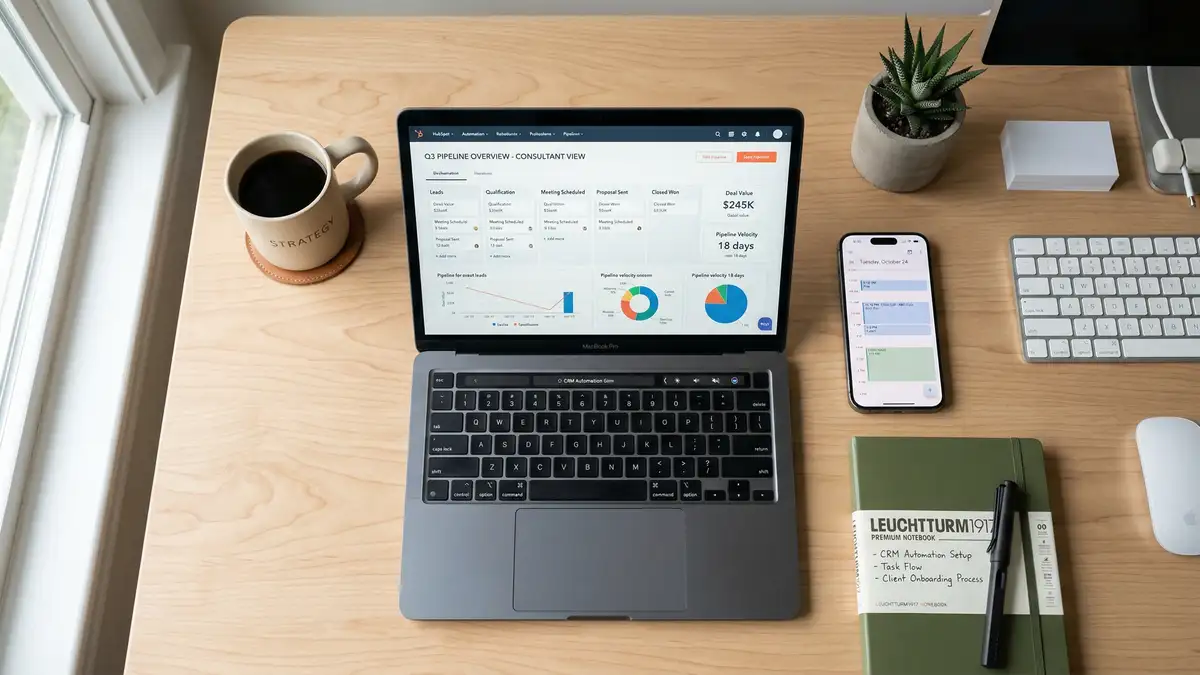 Organized consultant desk workspace with laptop showing automated CRM pipeline and phone displaying calendar with free time blocks