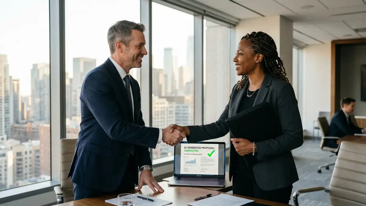 Two business executives closing a B2B deal with AI-generated proposal document visible on laptop screen in modern conference room