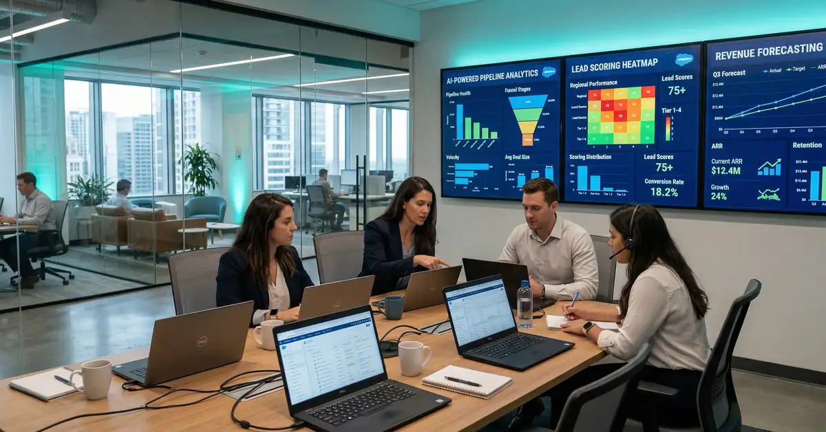 B2B sales team using AI-powered dashboards for lead scoring and pipeline management in a modern office