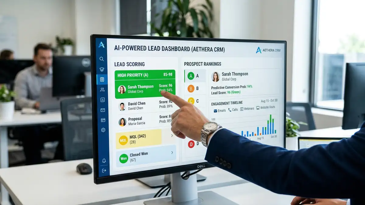 AI-powered lead scoring dashboard displaying color-coded prospect rankings and predictive conversion probabilities for B2B sales pipeline management