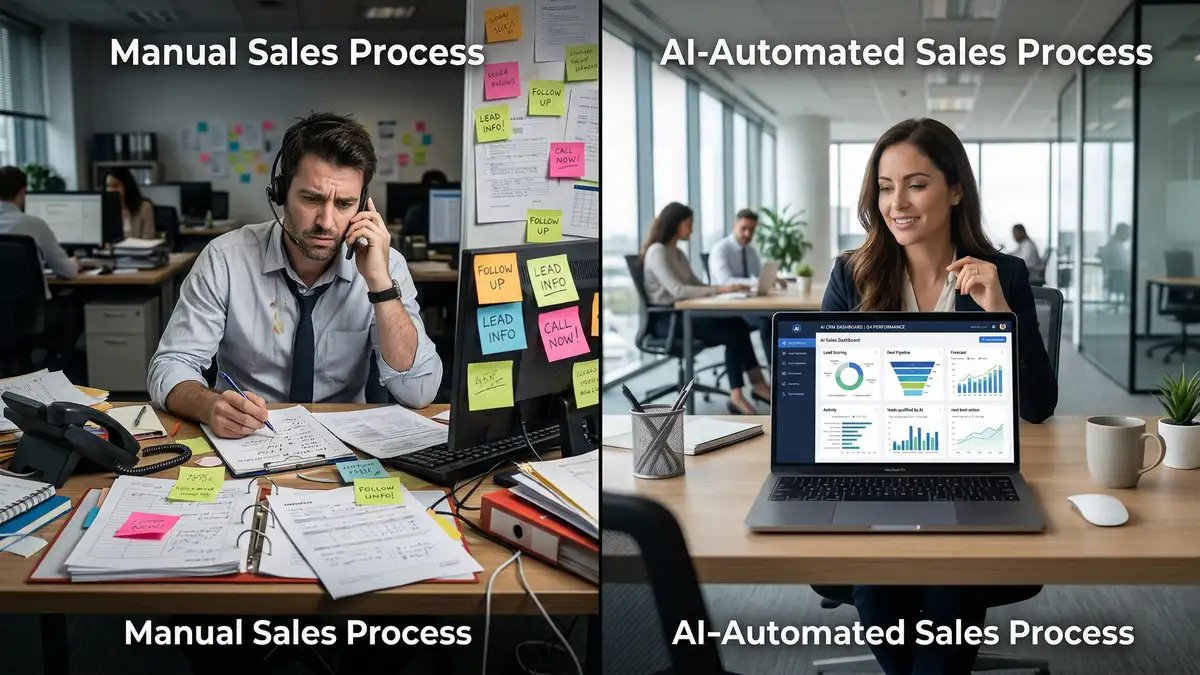 Split-screen comparison of manual sales process with cluttered desk versus AI-automated sales workflow with clean organized dashboard