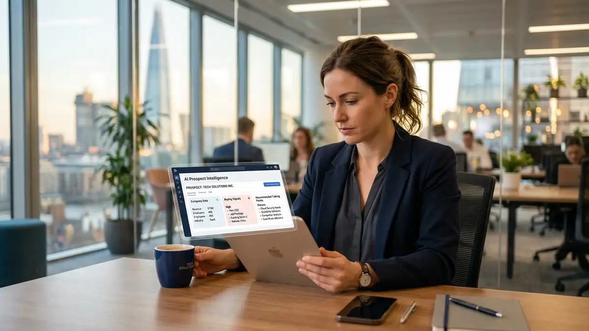 B2B sales representative reviewing AI-generated prospect intelligence on tablet showing company data and buying signals