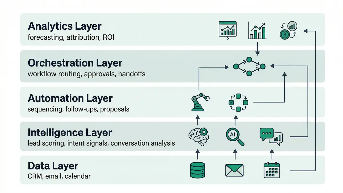 Architectural infographic showing five-layer AI sales automation stack with data intelligence automation orchestration and analytics layers in peppereffect brand colors