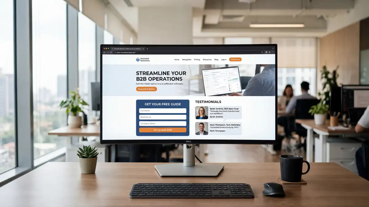 Professional B2B website displayed on modern monitor showing lead capture forms and call-to-action elements for HubSpot CMS deployment
