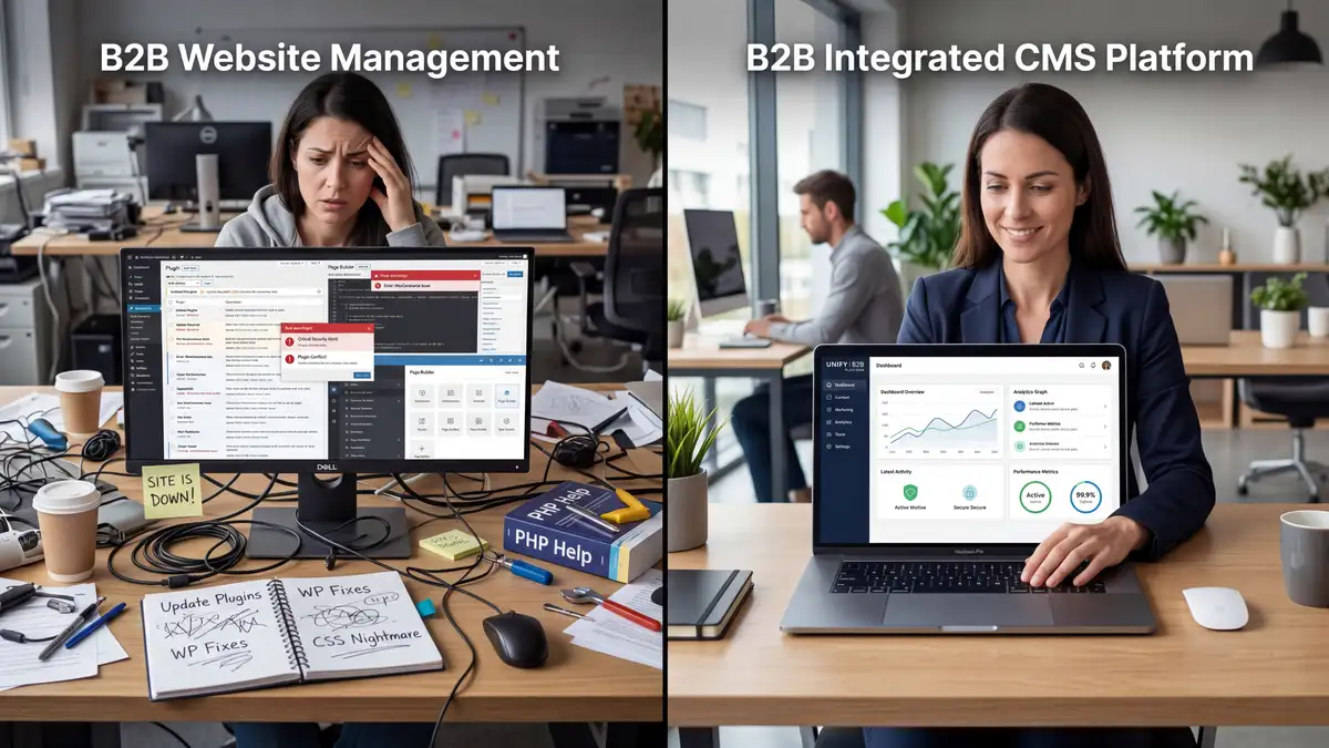Split-screen comparison of cluttered WordPress plugin management versus clean unified HubSpot CMS dashboard for B2B website operations