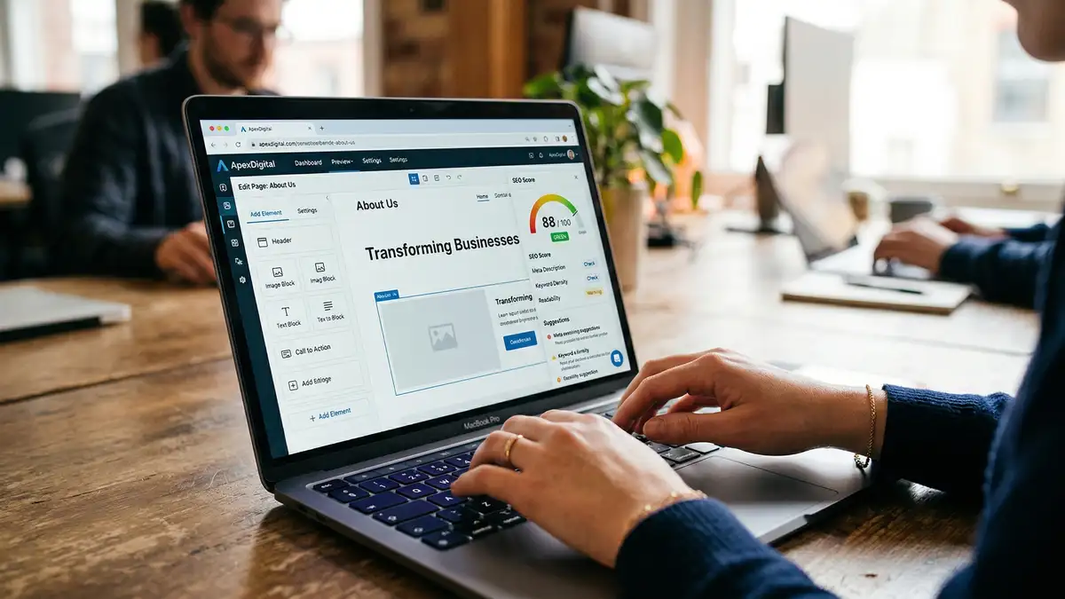 Content management dashboard showing page builder interface with SEO score and preview panel for HubSpot CMS B2B website editing