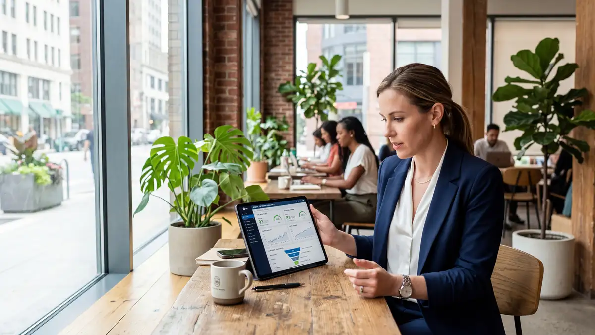 Business professional analyzing website performance metrics and lead generation funnel data on tablet in modern co-working space