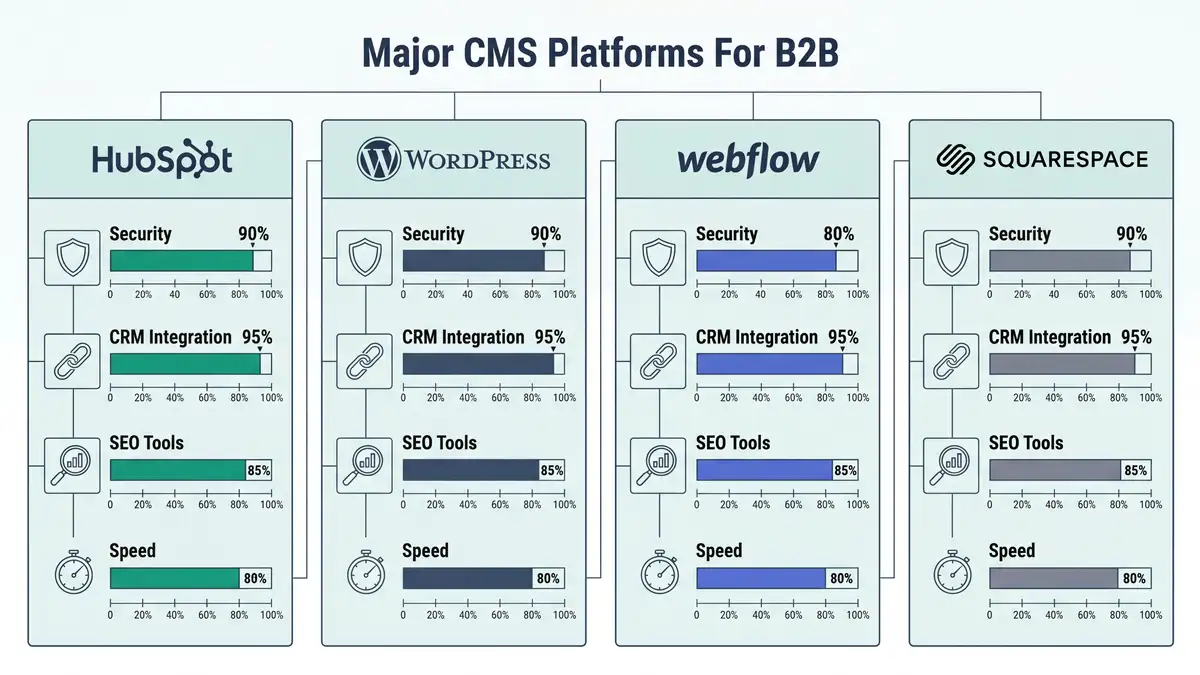 Data visualization infographic comparing CMS platform capabilities across security, CRM integration, SEO tools, and performance metrics for B2B evaluation