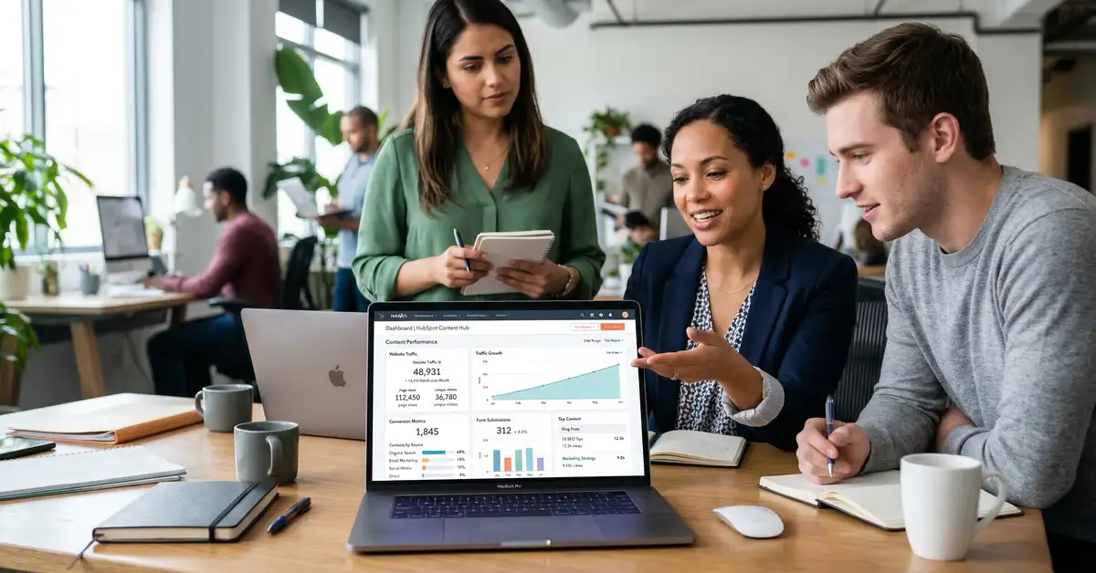 HubSpot Content Hub dashboard showing website analytics, traffic growth, and conversion metrics for B2B revenue optimization