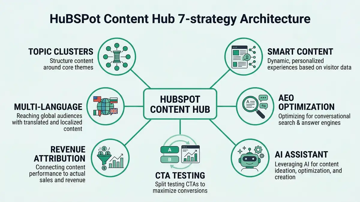 HubSpot Content Hub 7-strategy infographic showing topic clusters, smart content, AEO optimization, AI assistant, CTA testing, revenue attribution, and multi-language architecture