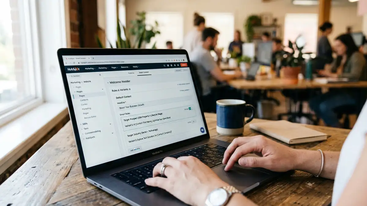 Marketer configuring HubSpot Content Hub smart content personalization rules on laptop with content variants displayed